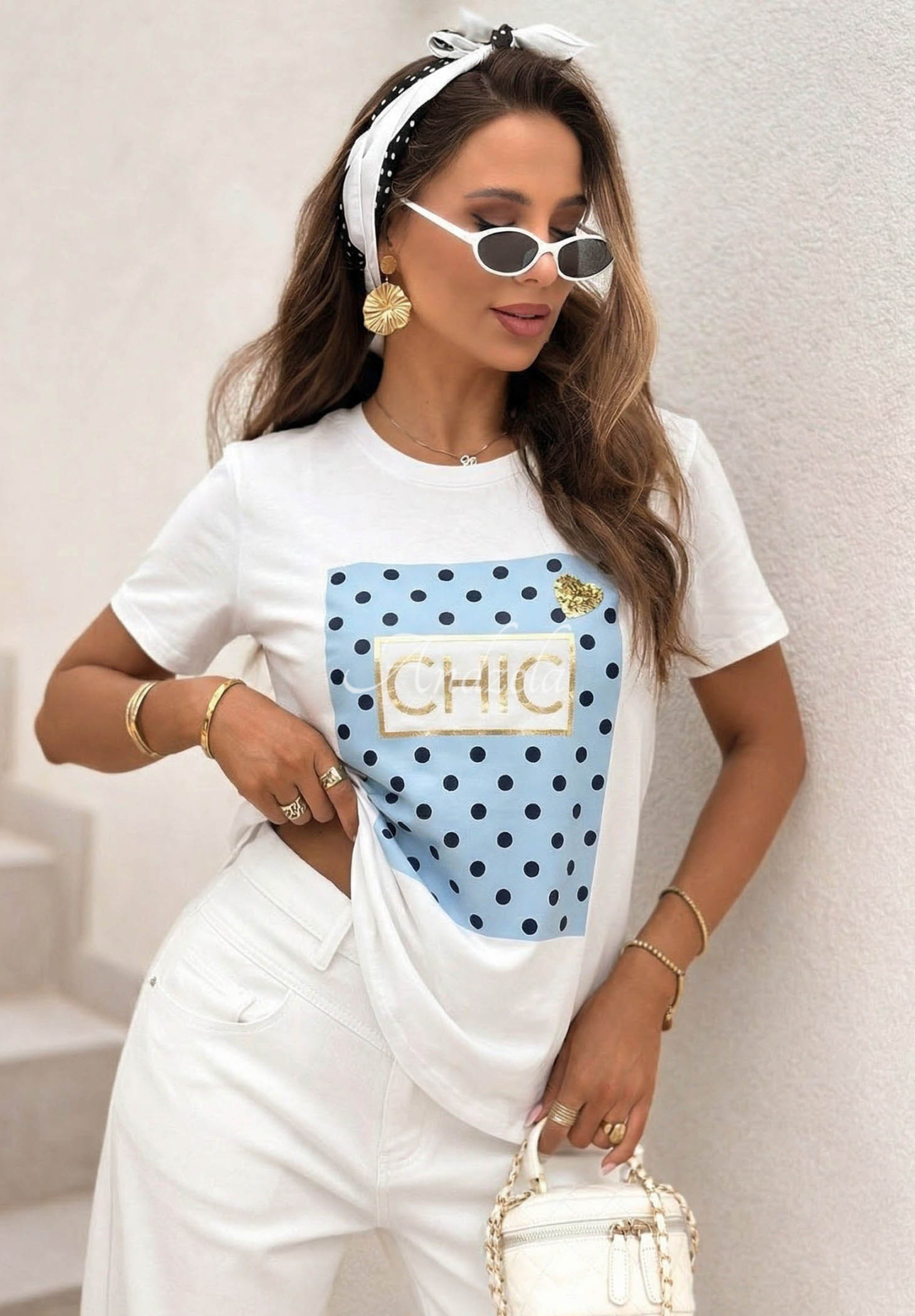T-Shirt mit Aufdruck Dotty Chic weiß-Himmelblau