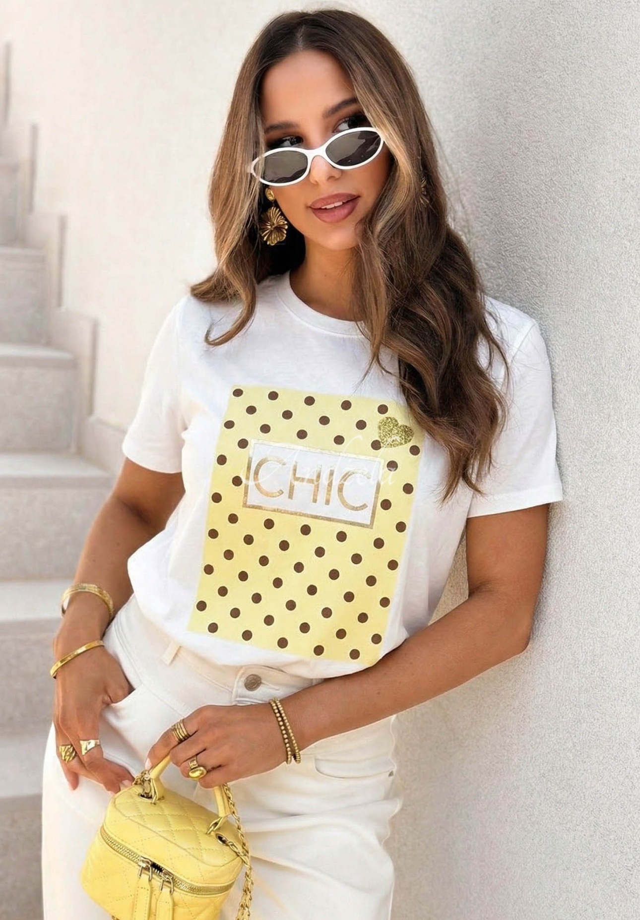 T-Shirt mit Aufdruck Dotty Chic weiß-Gelb