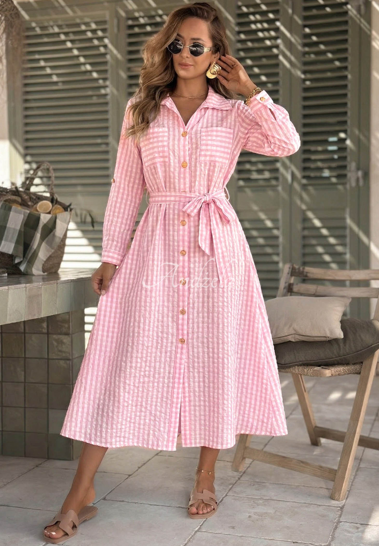 Kariertes Hemdkleid in Maxilänge Spring Velvet Air Puderrosa