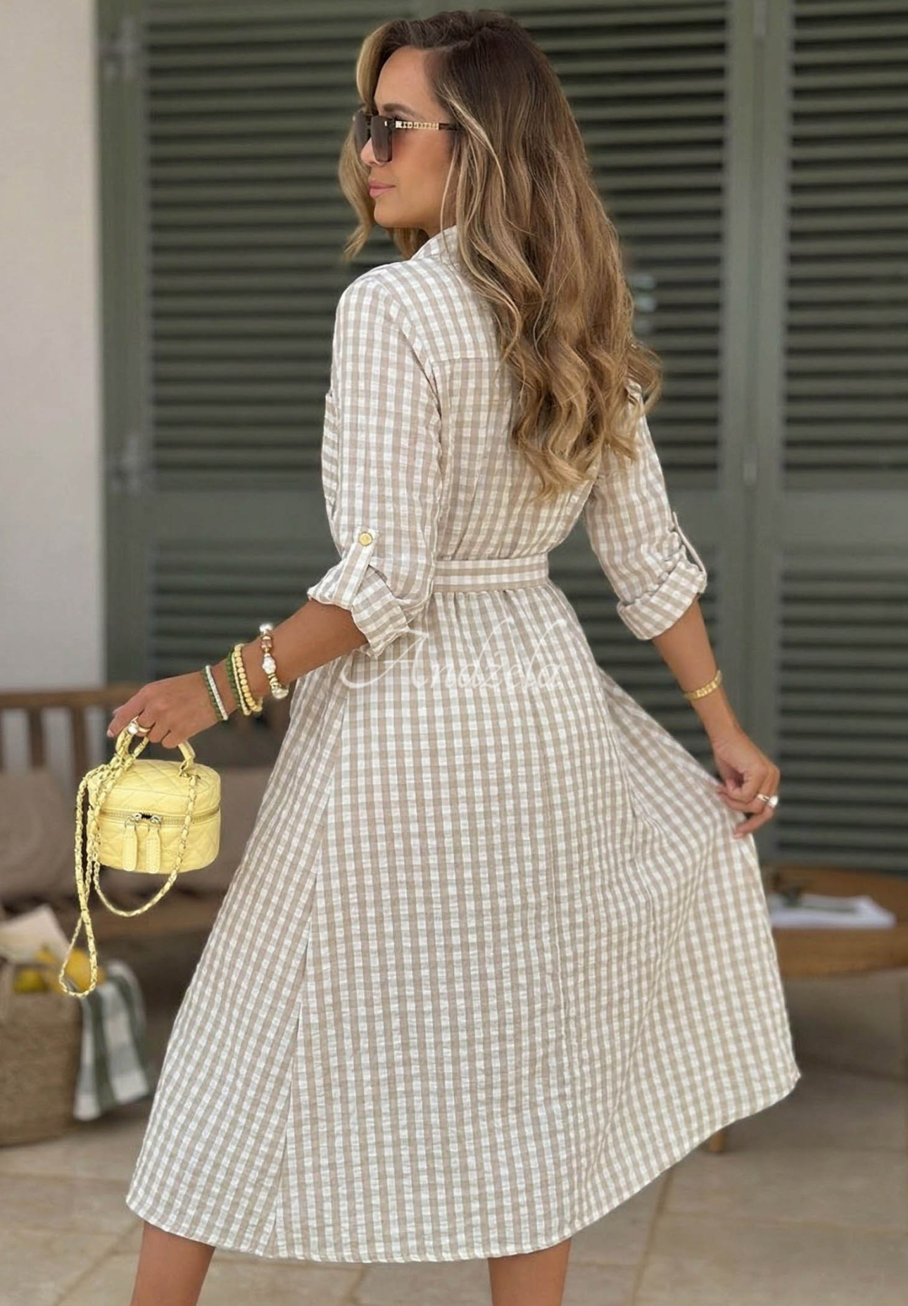 Kariertes Hemdkleid in Maxilänge Spring Velvet Air Beige