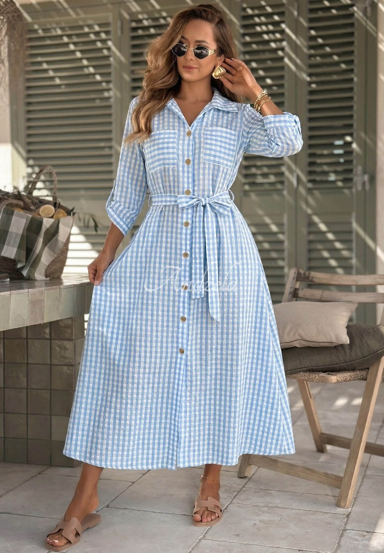 Kariertes Hemdkleid in Maxilänge Spring Velvet Air Himmelblau