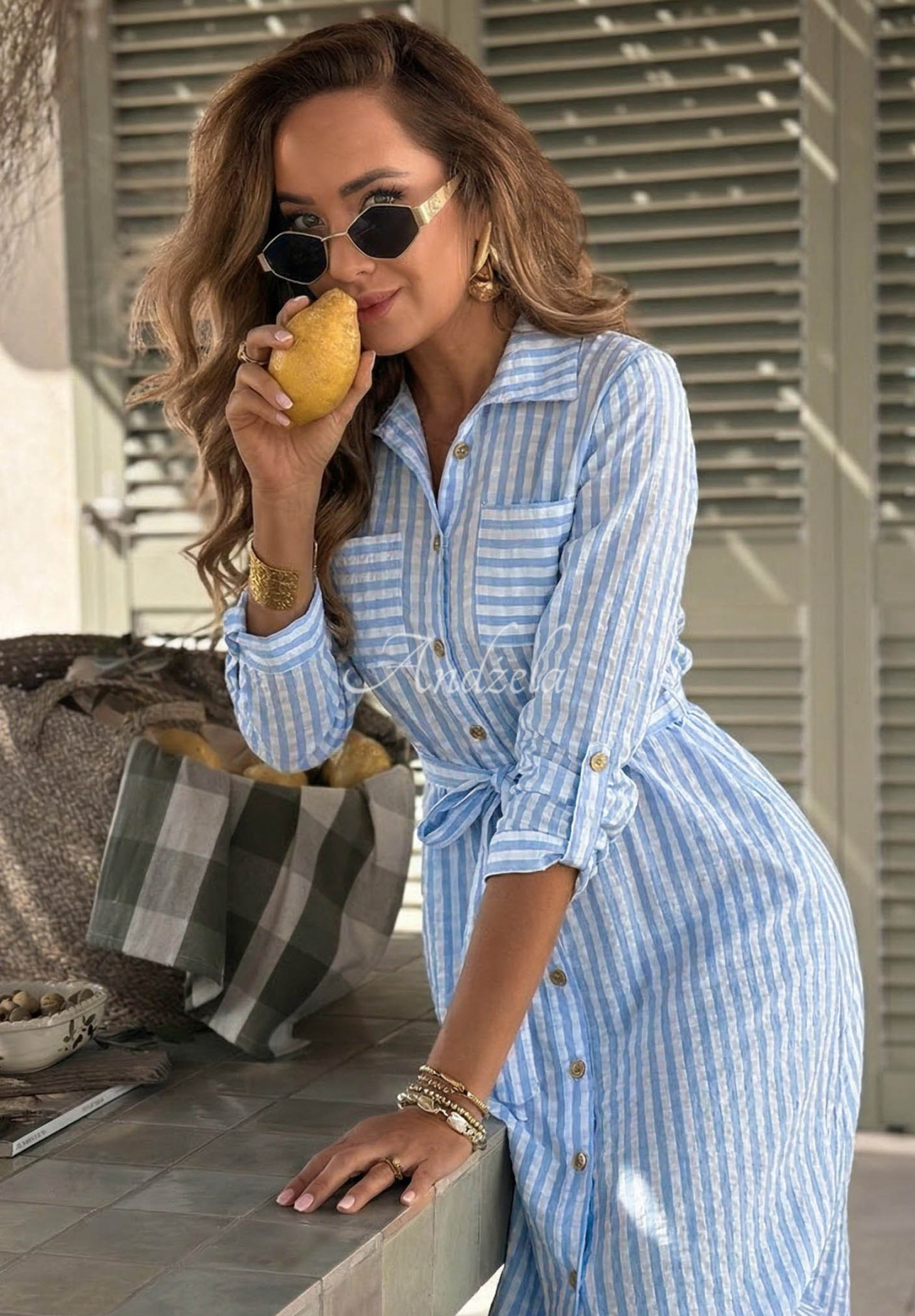 Kariertes Hemdkleid in Maxilänge Spring Velvet Air Himmelblau