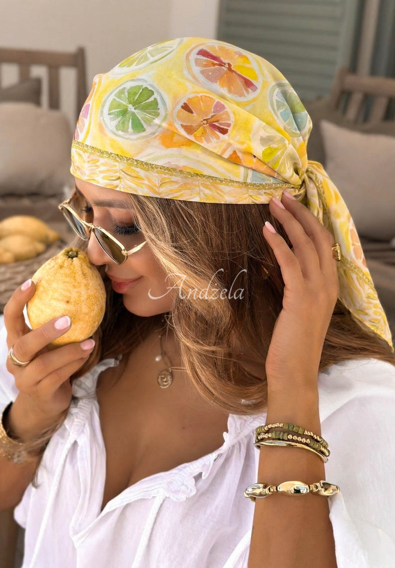 Gemustertes Viskose-Halstuch mit Zitronenmuster Lemon Vibe Gelb