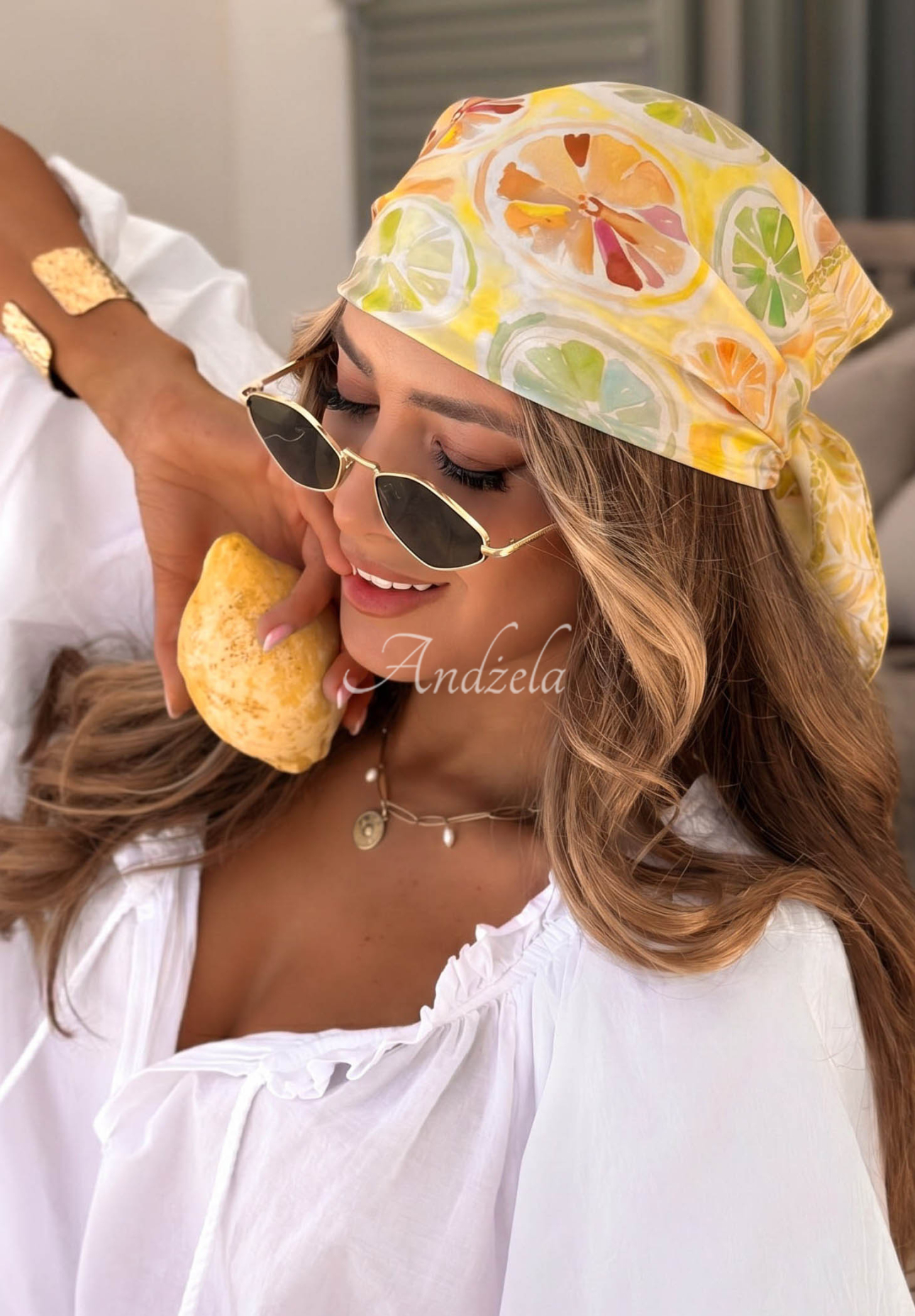 Gemustertes Viskose-Halstuch mit Zitronenmuster Lemon Vibe Gelb