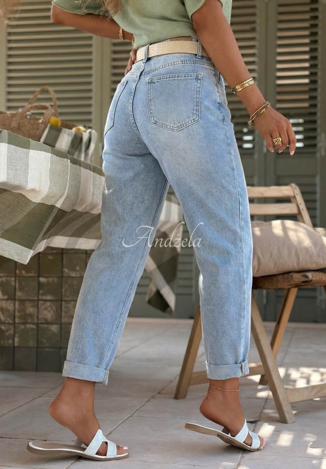 Mom-Jeans mit Gürtel Look Around Blau