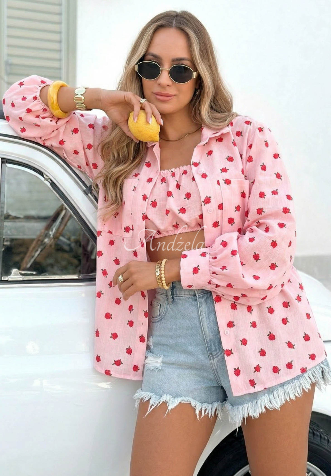 Baumwollset Hemd und Top mit Rosenmuster Velvet Rose Puderrosa