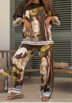 Satynowy Set Bluse i Hose wide leg Mit Muster Solene Pistaziengrün