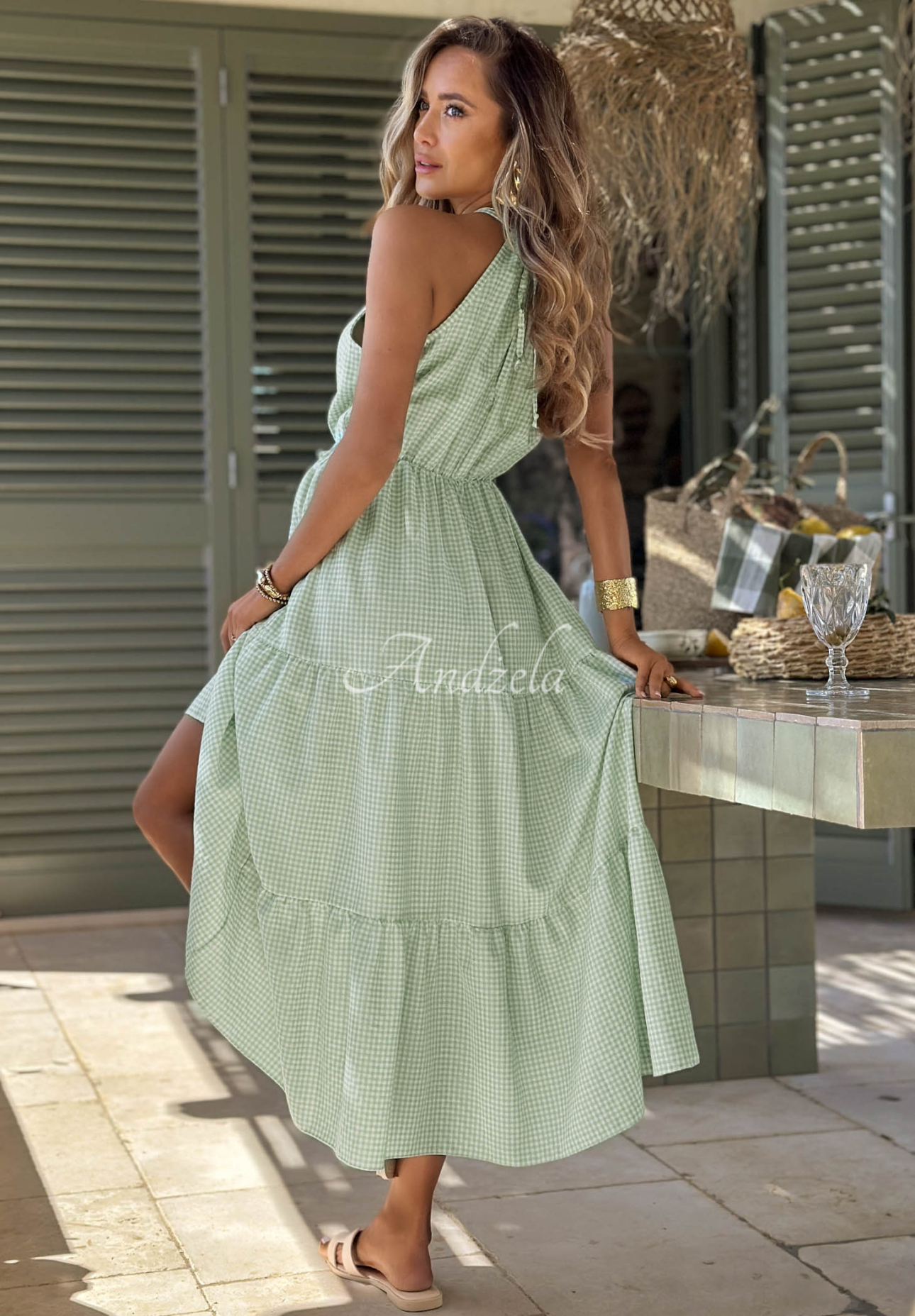 Luftiges, kariertes Trägerkleid aus Viskose Summer Sorbet Pistaziengrün