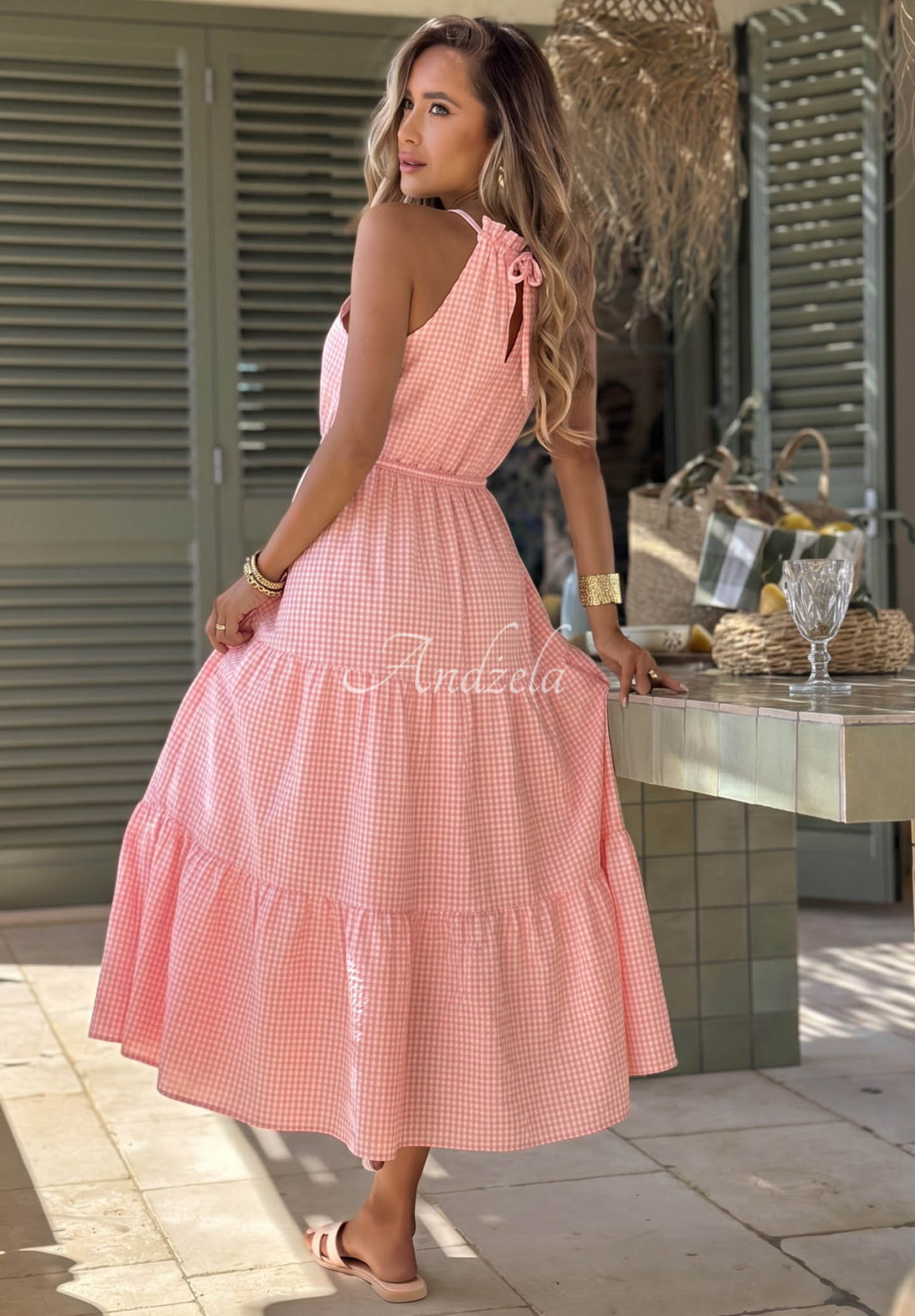 Luftiges, kariertes Trägerkleid aus Viskose Summer Sorbet Rosa