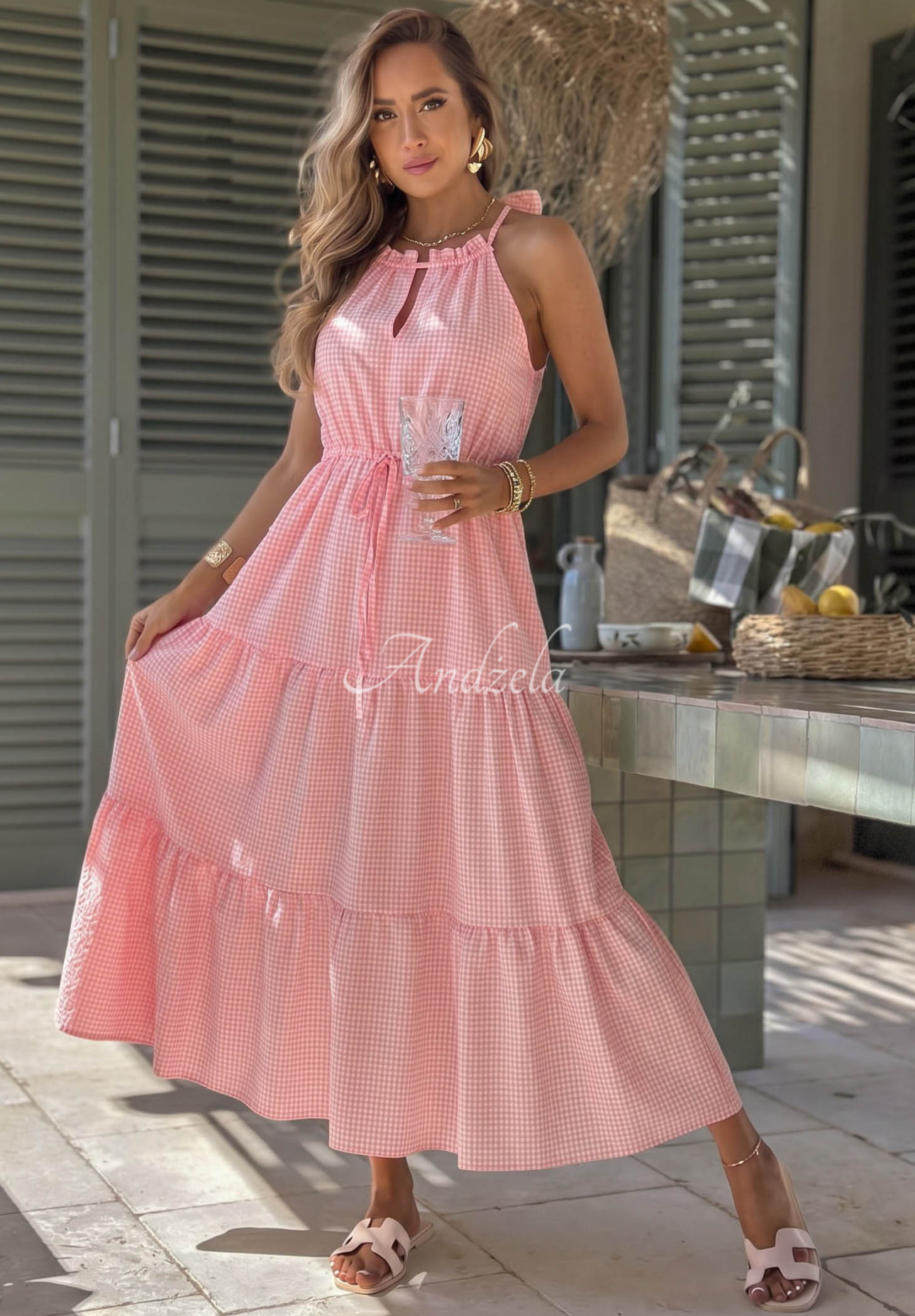 Luftiges, kariertes Trägerkleid aus Viskose Summer Sorbet Rosa