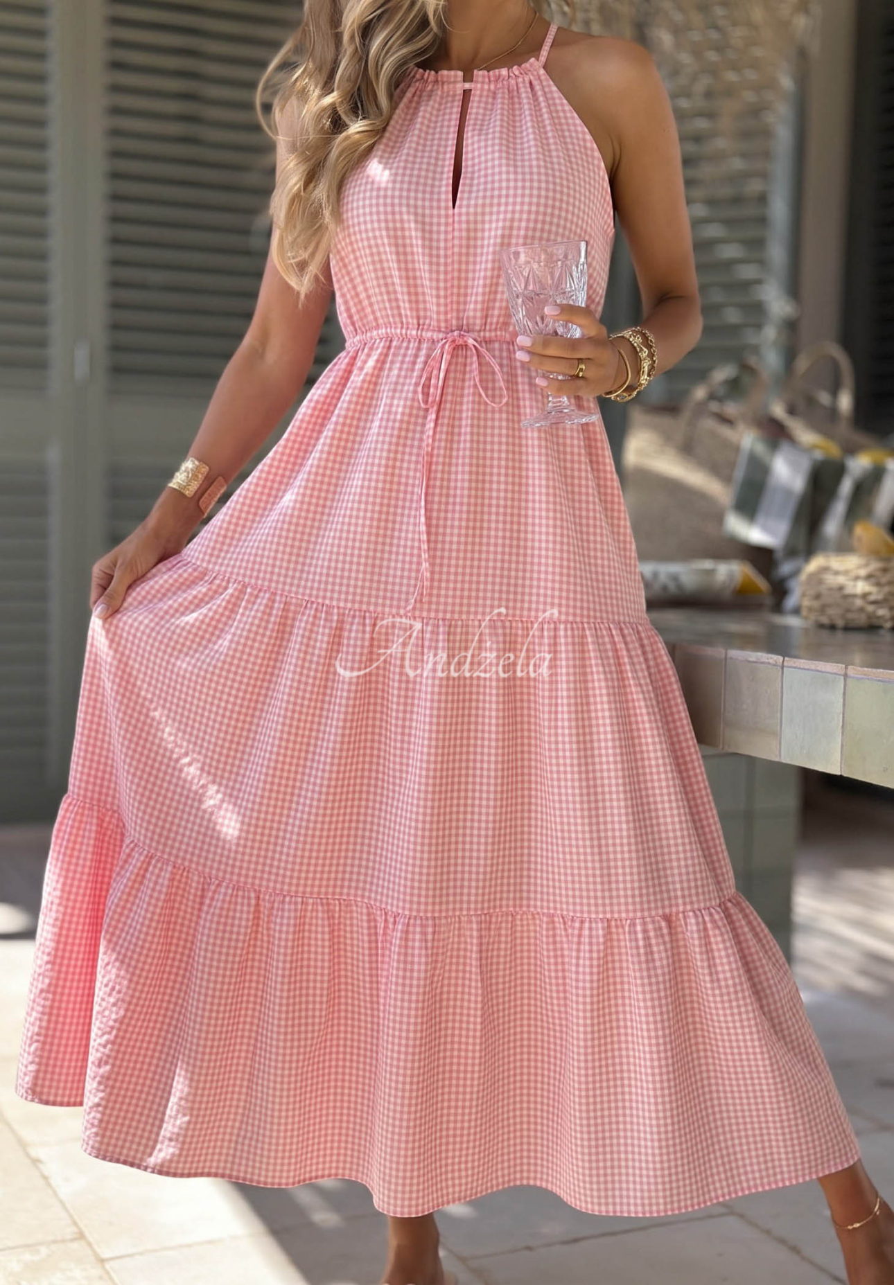 Luftiges, kariertes Trägerkleid aus Viskose Summer Sorbet Rosa