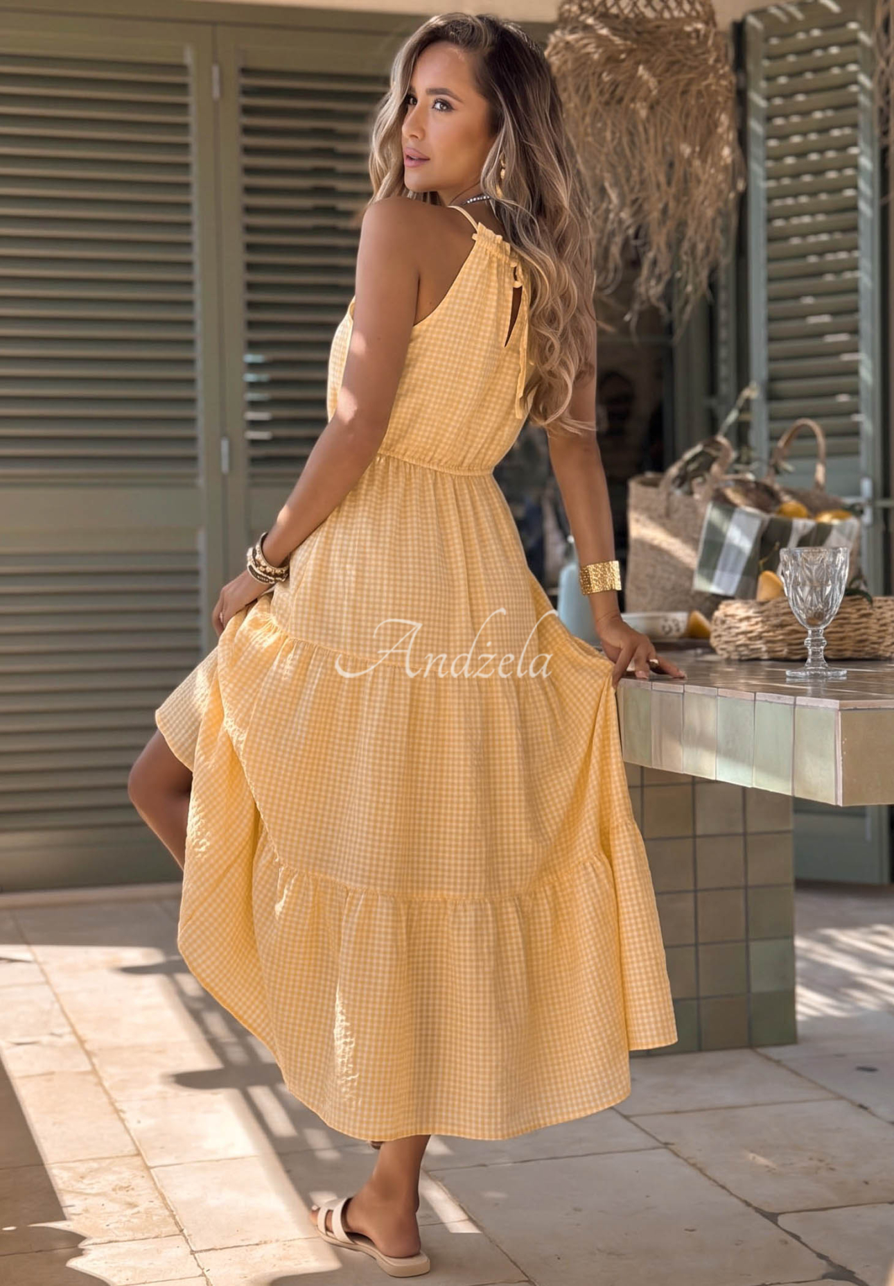 Luftiges, kariertes Trägerkleid aus Viskose Summer Sorbet Gelb