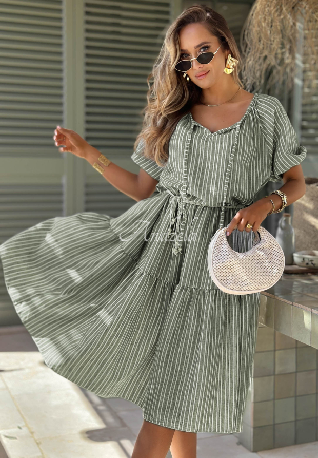 Gestreiftes Kleid mit Puff&auml;rmeln Sunny Costa Pistaziengr&uuml;n