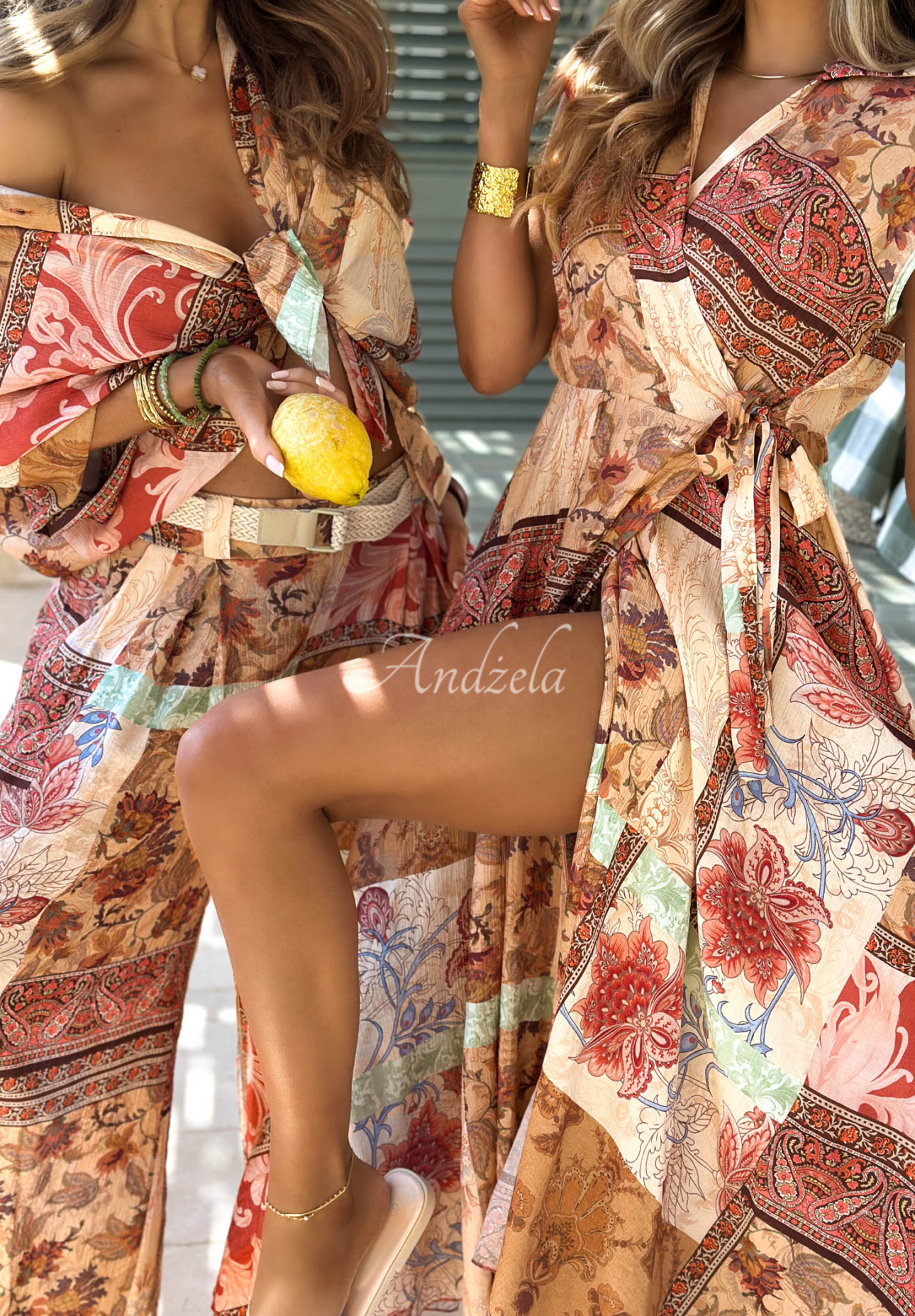 Gemusterte Viskosehose mit weitem Bein Riviera Sunset beige-orange