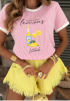 T-Shirt w paski z nadrukiem Make Lemonade Rosa