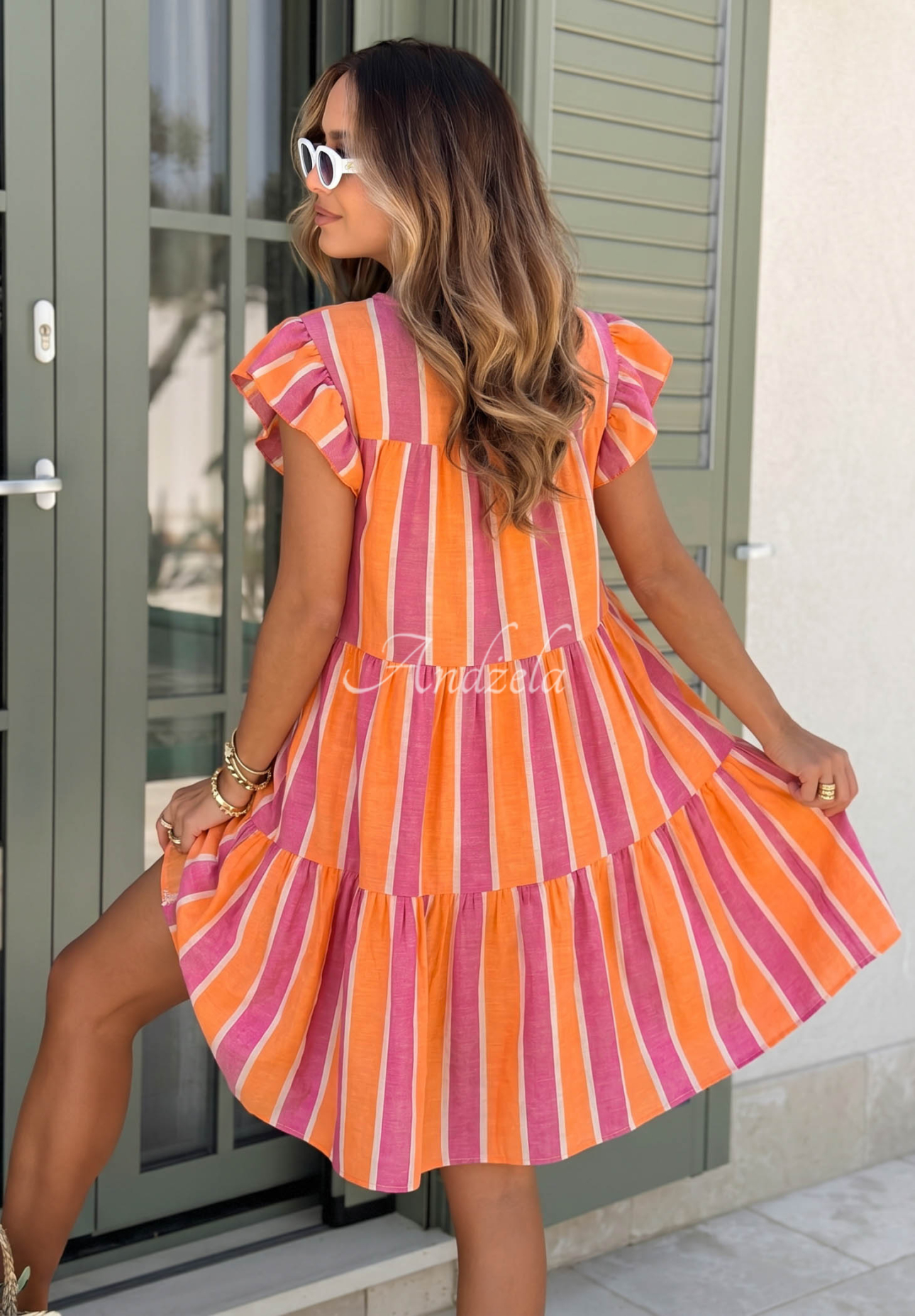 Baumwollkleid mit Rüschen und bunten Streifen Island Sunshine rosa-orange