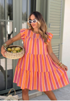 Kleid mini z falbankami w kolorowe paski Island Sunshine różowo-Orange