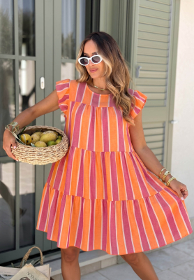 Baumwollkleid mit R&uuml;schen und bunten Streifen Island Sunshine rosa-orange