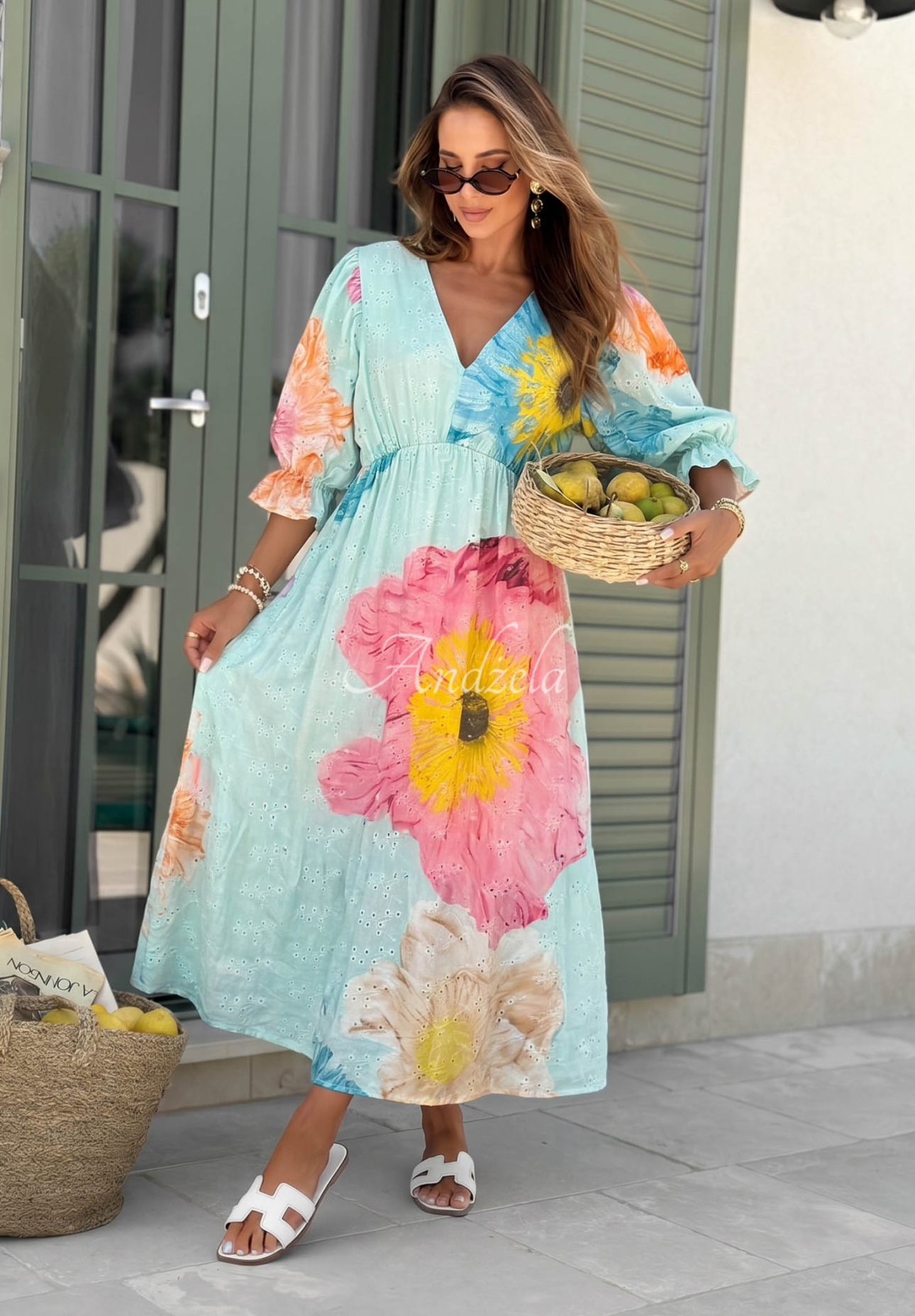 Durchbrochenes Baumwoll-Maxikleid mit Blumenmuster Pretty Peony Himmelblau