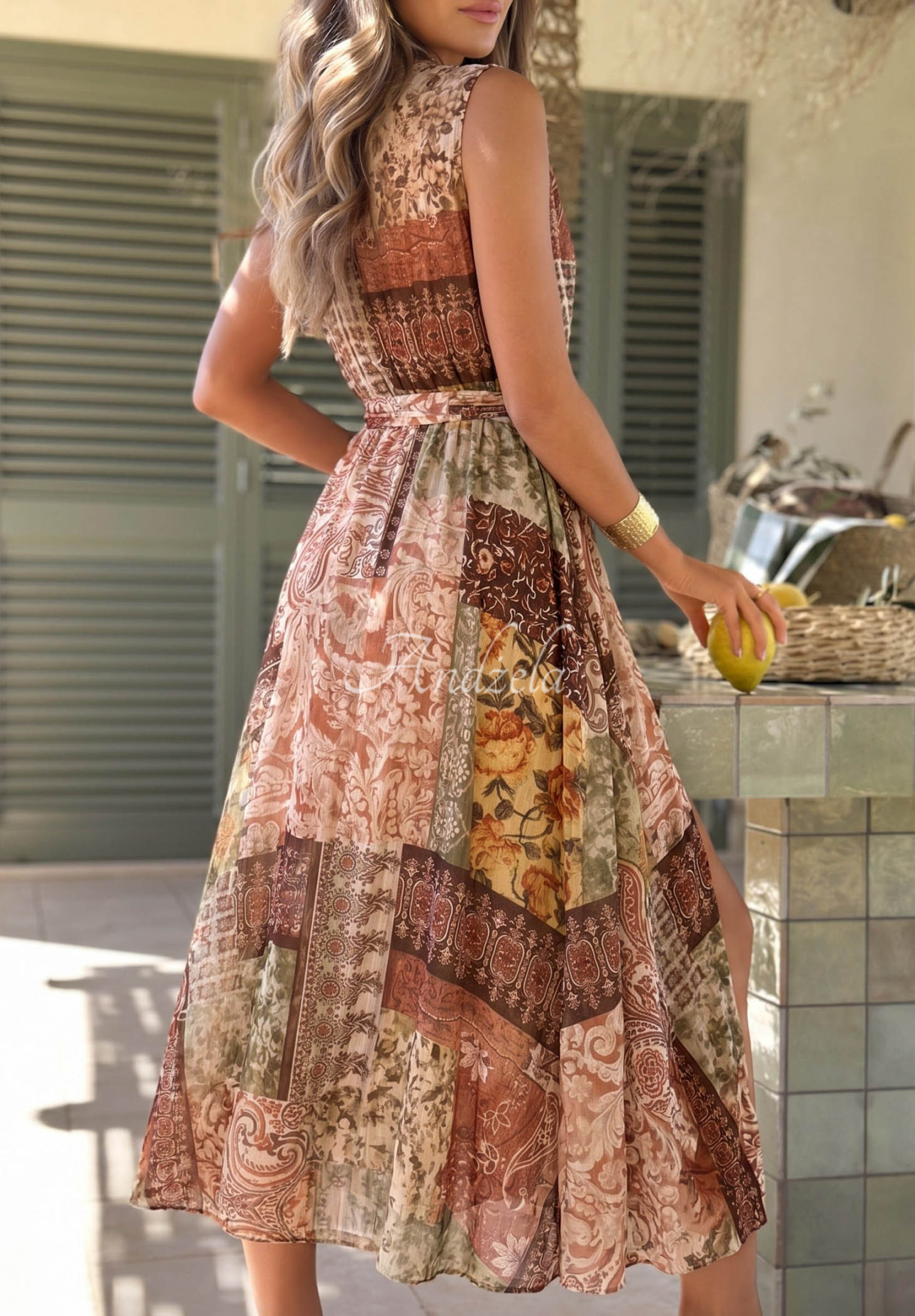 Gemustertes Midi-Kleid aus Tencel mit Gürtel Dolce Sunset Schokoladenbraun