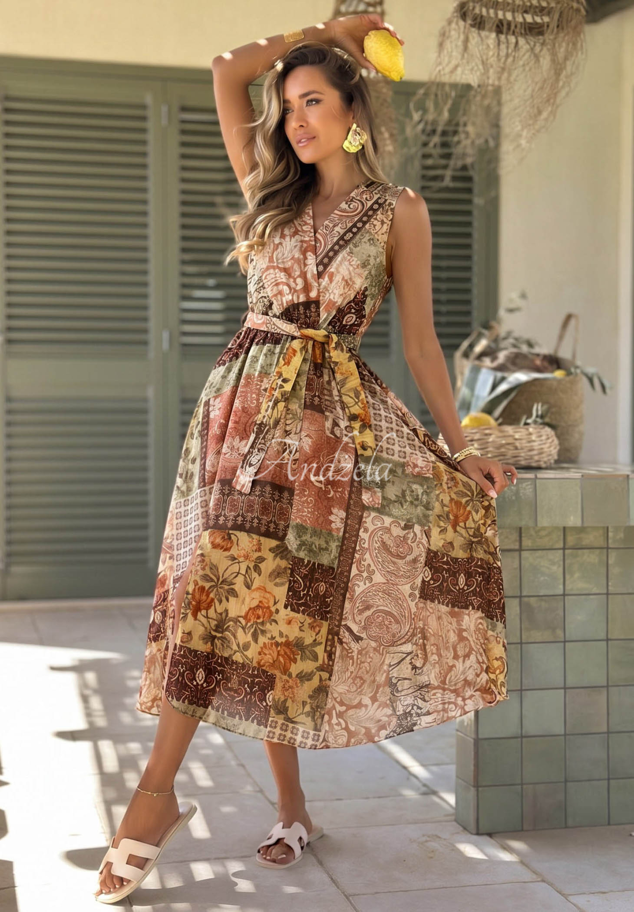 Gemustertes Midi-Kleid aus Tencel mit Gürtel Dolce Sunset Schokoladenbraun
