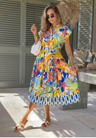Wzorzysta Kleid midi z paskiem Undersea Life granatowo-Orange