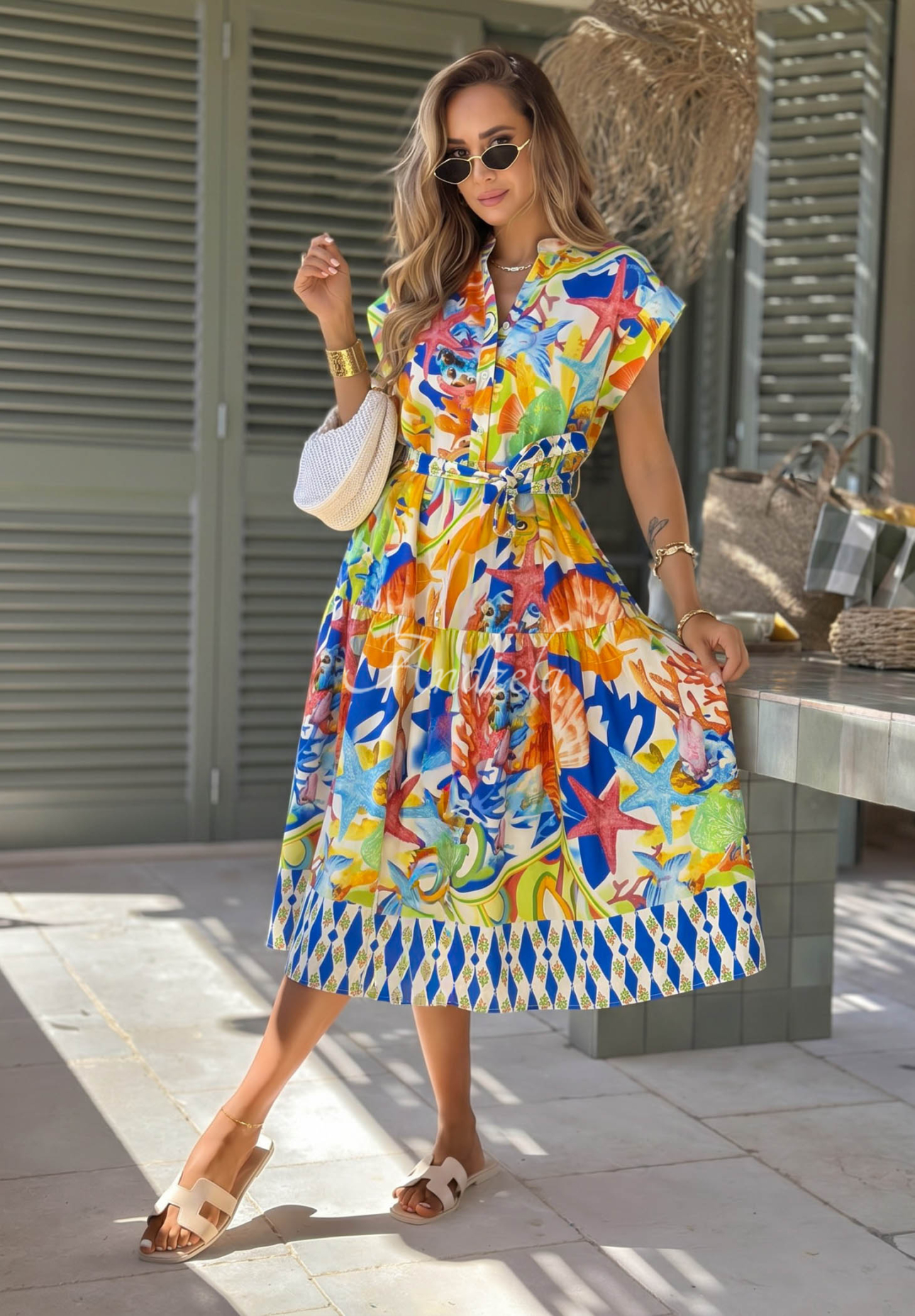 Gemustertes Midi-Kleid aus Baumwolle mit Gürtel Undersea Life dunkelblau-orange