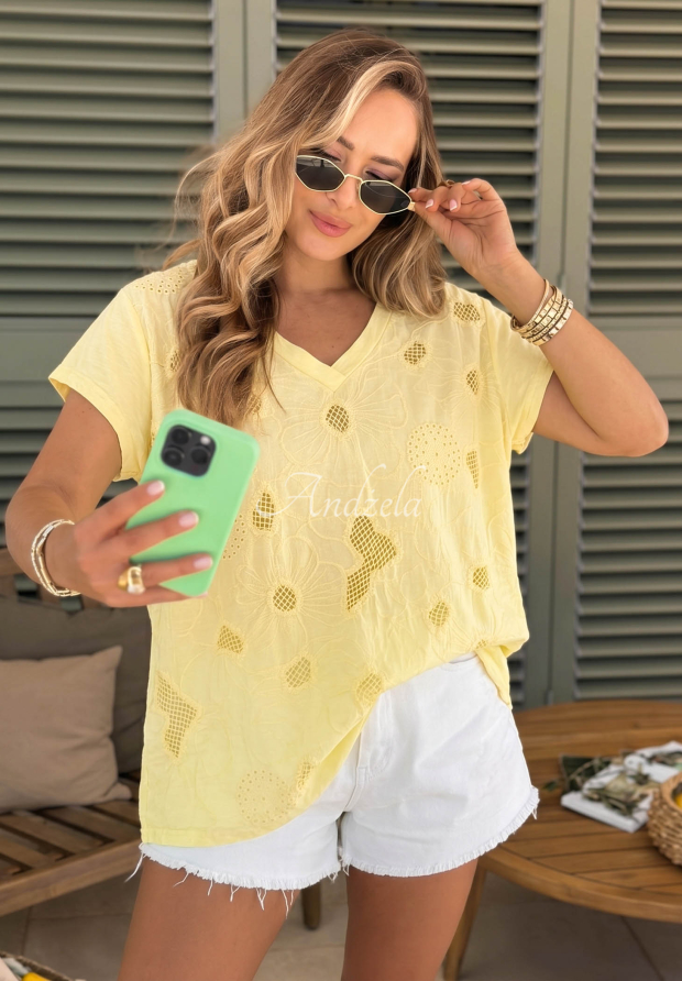 Durchbrochenes Baumwoll-T-Shirt mit Ausschnitt Sol Riviera Gelb