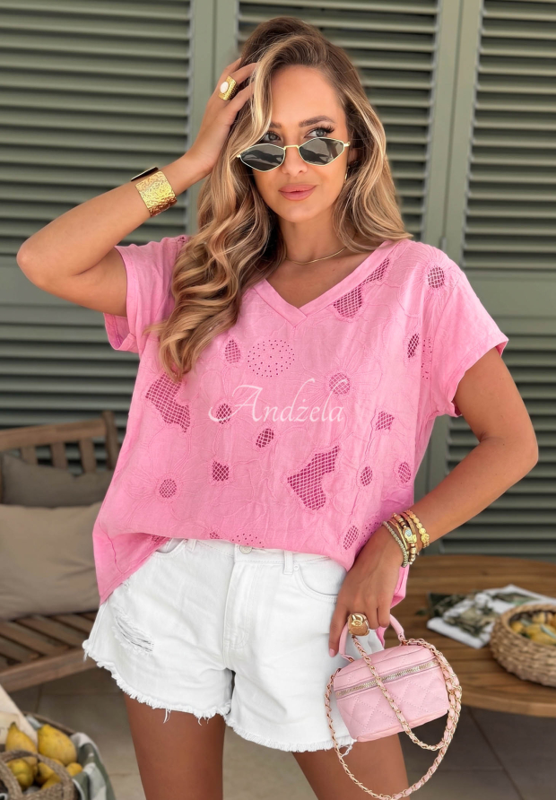 Durchbrochenes Baumwoll-T-Shirt mit Ausschnitt Sol Riviera Rosa