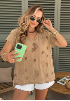 Ażurowy T-Shirt z dekoltem Sol Riviera Mokkafarben