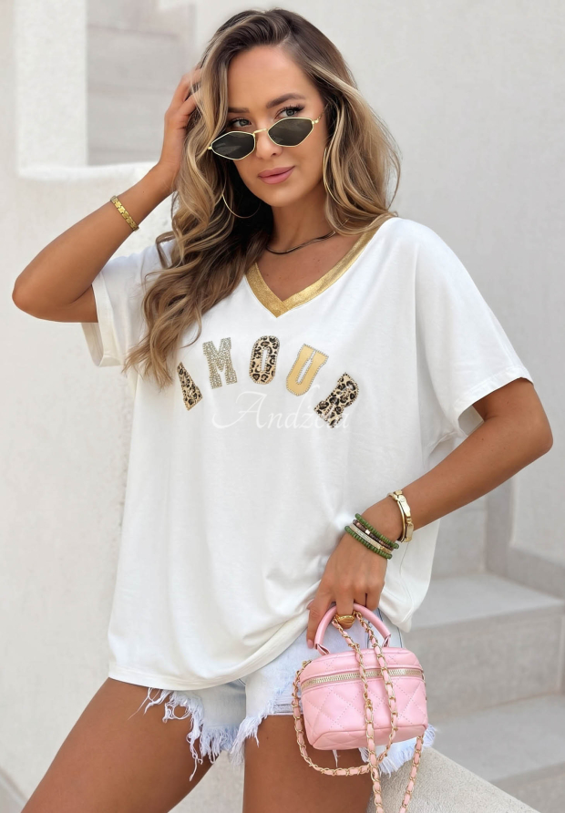 Baumwoll-T-Shirt mit Leopardenmuster Amour Wei&szlig;