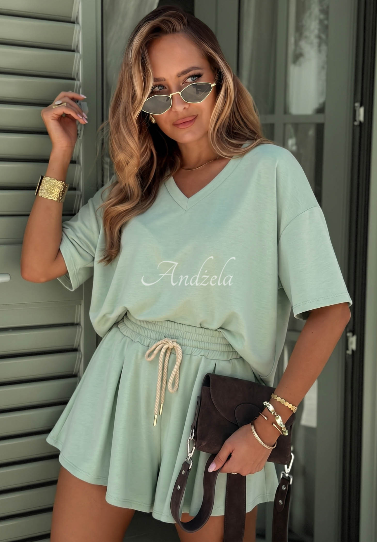 Viskose-Trainingsanzug T-Shirt und Shorts Willy Pistaziengrün