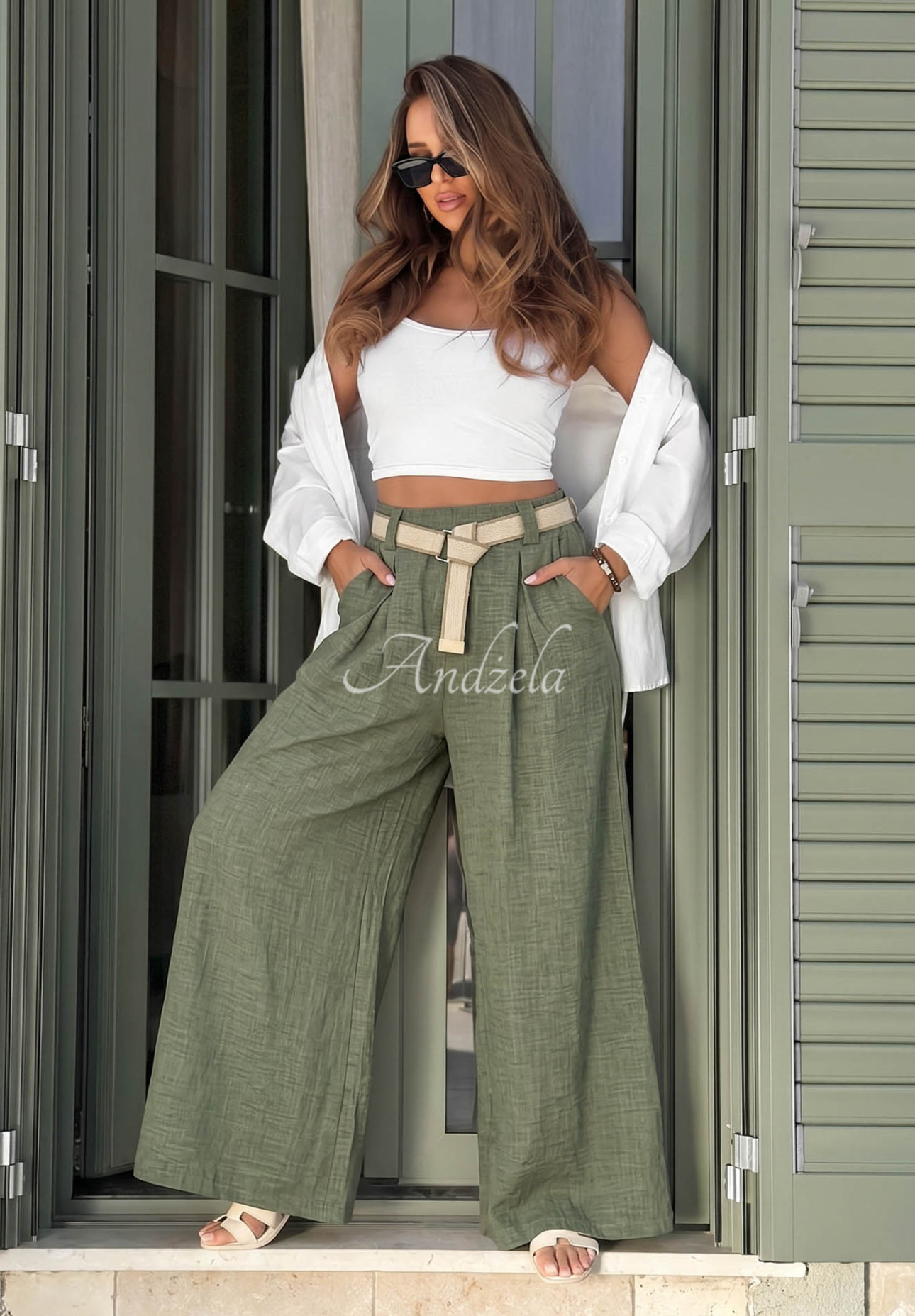 Wide leg Stoffhose mit Gürtel Summer Aura Khaki