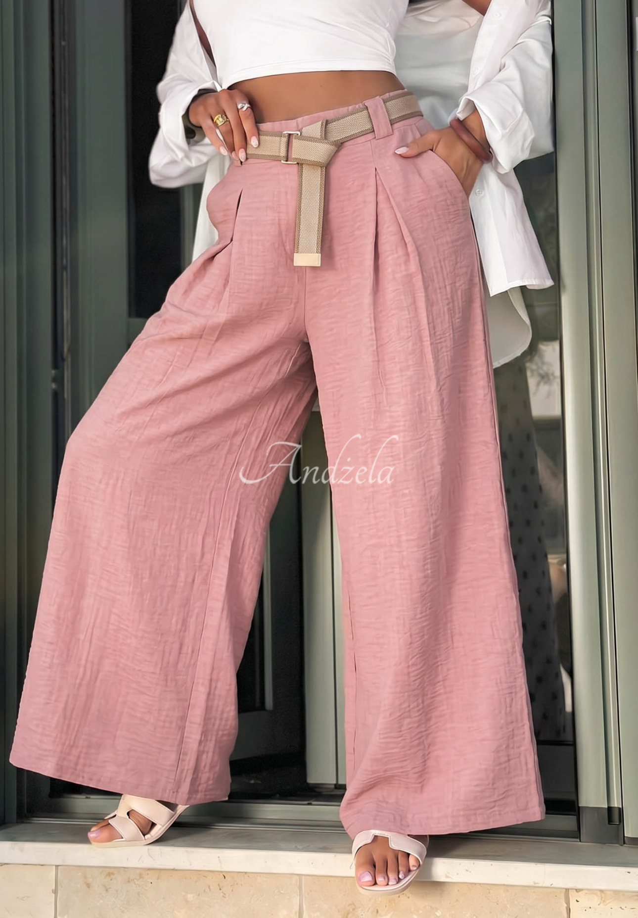 Wide leg Stoffhose mit Gürtel Summer Aura Puderrosa