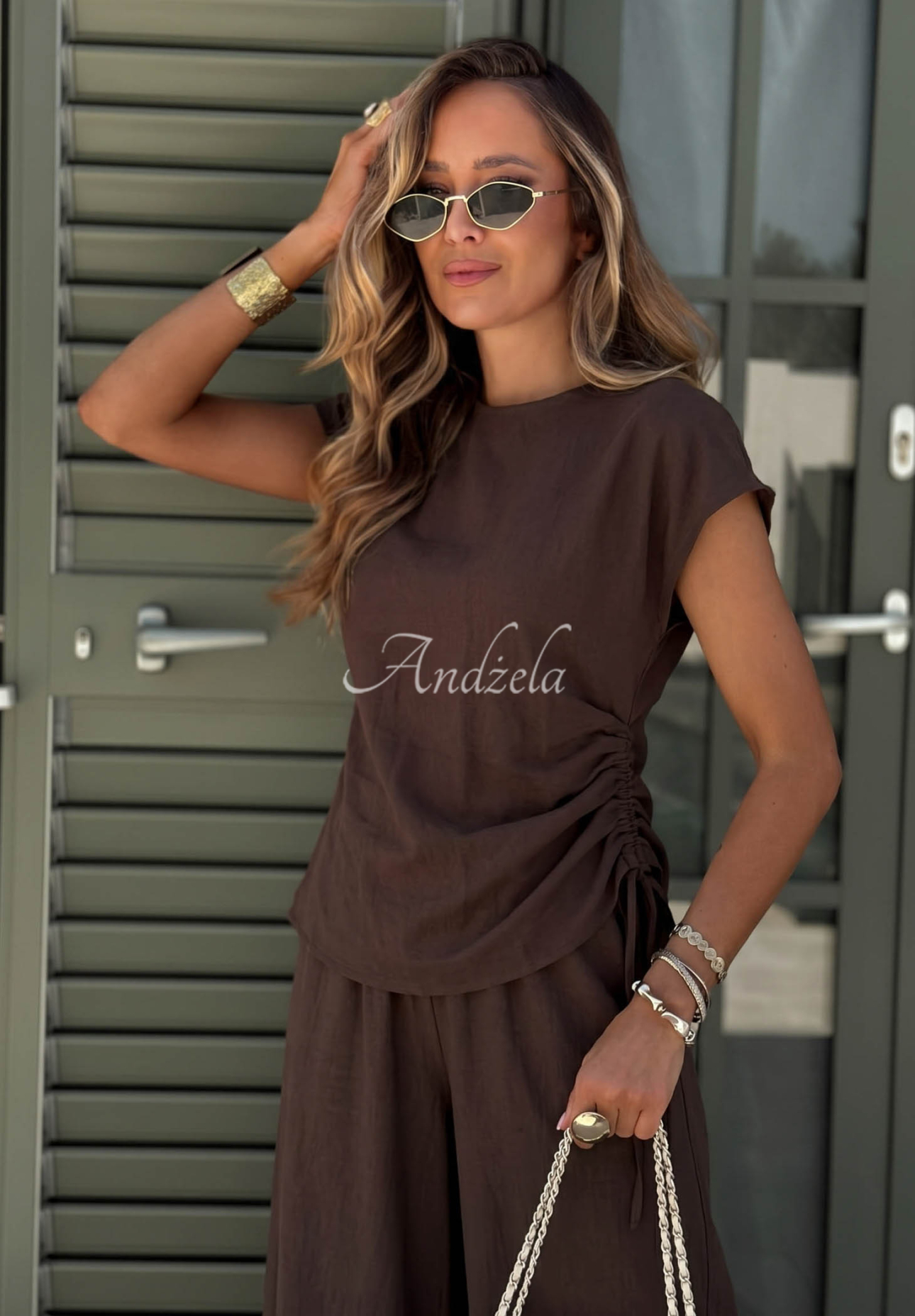 Set aus Bluse und Hose aus Baumwolle und Viskose Glow Mood Schokoladenbraun