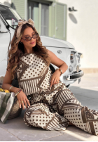 Gemustert Hose wide leg w Punkte Coffee Break biało-Schokoladenbraun