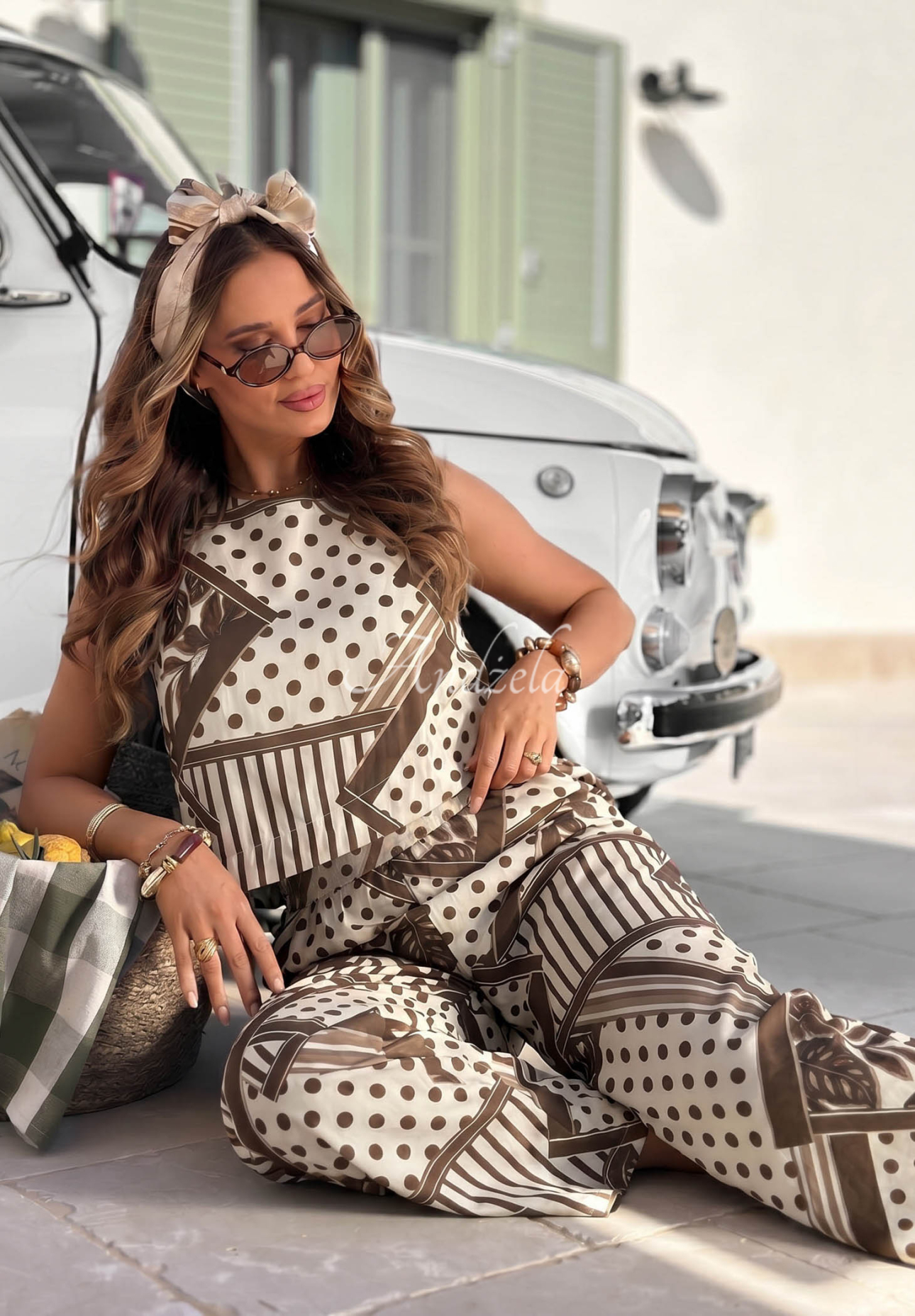 Gemusterte Wide-Leg-Hose aus Baumwolle mit gepunktetem Muster Coffee Break weiß-schokoladenbraun