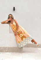 Plisowana wiskozowa Kleid midi Mit Muster Italian Palms błękitno-Rosa