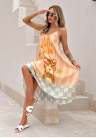 Plisowana wiskozowa Kleid midi Mit Muster Italian Palms błękitno-Rosa