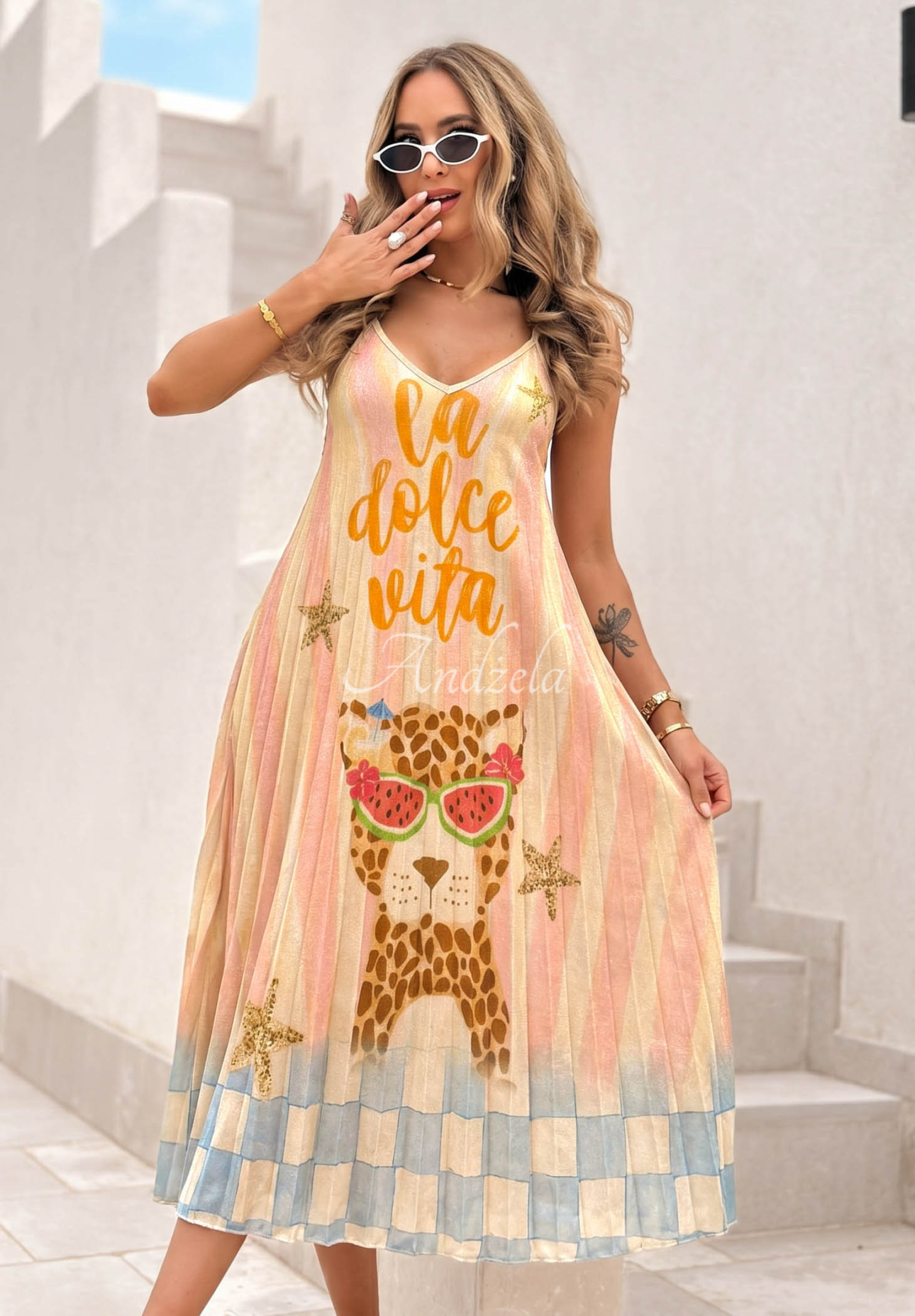 Plissiertes Midikleid aus Viskose mit Mustern Italian Palms hellblau-rosa