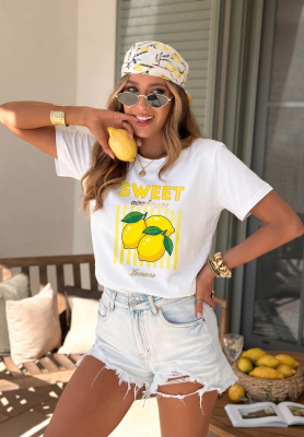 Baumwoll-T-Shirt mit Aufdruck Sweet Goodness wei&szlig;-Gelb