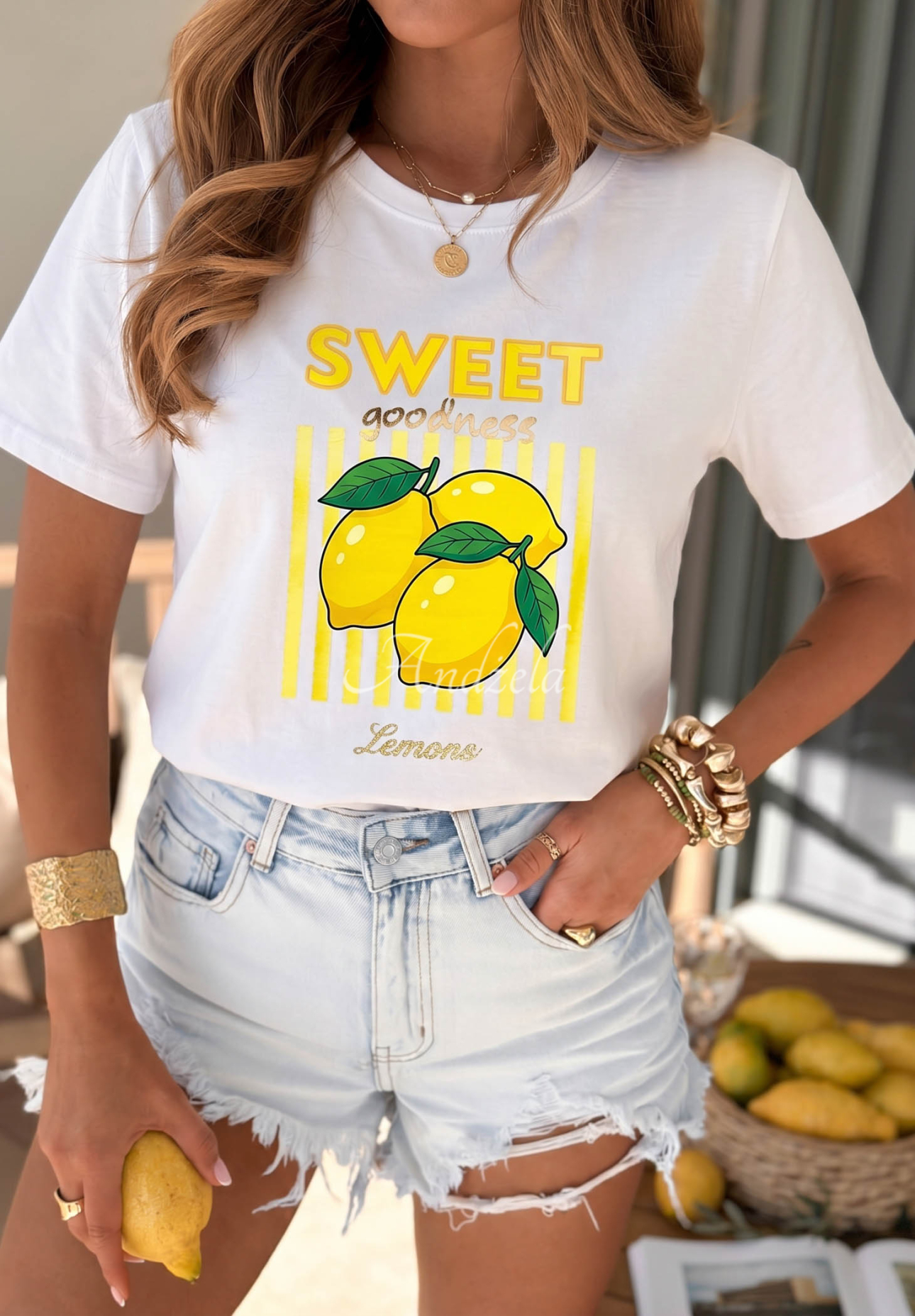 Baumwoll-T-Shirt mit Aufdruck Sweet Goodness weiß-Gelb