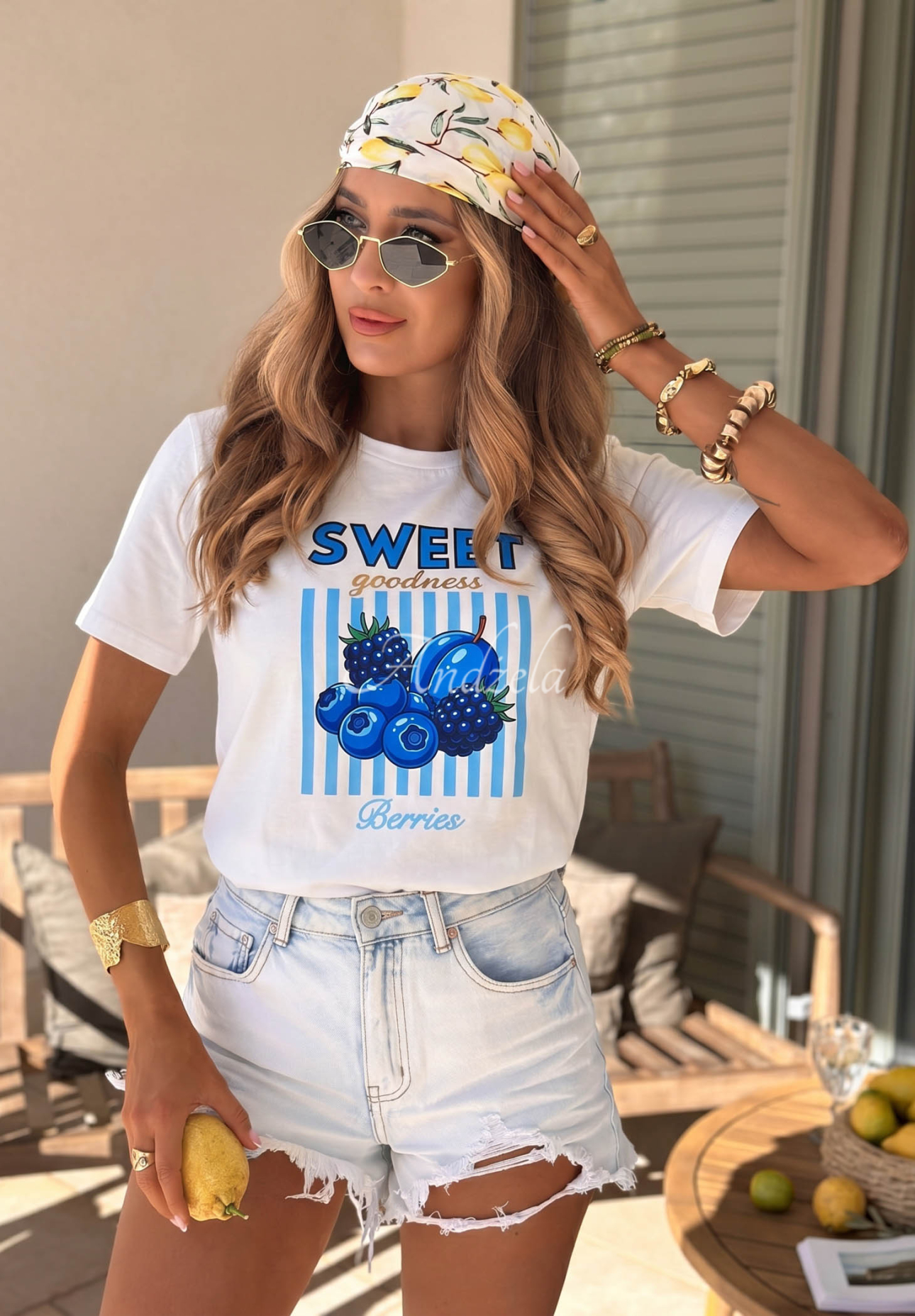 Baumwoll-T-Shirt mit Aufdruck Sweet Goodness weiß-Blau