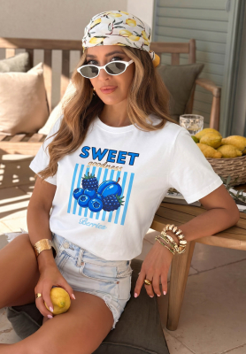 Baumwoll-T-Shirt mit Aufdruck Sweet Goodness wei&szlig;-Blau