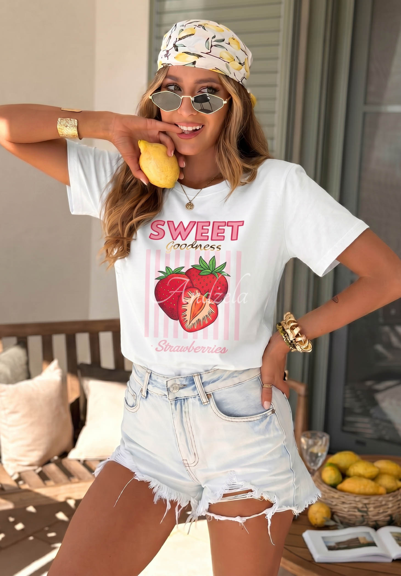 Baumwoll-T-Shirt mit Aufdruck Sweet Goodness weiß-Rosa