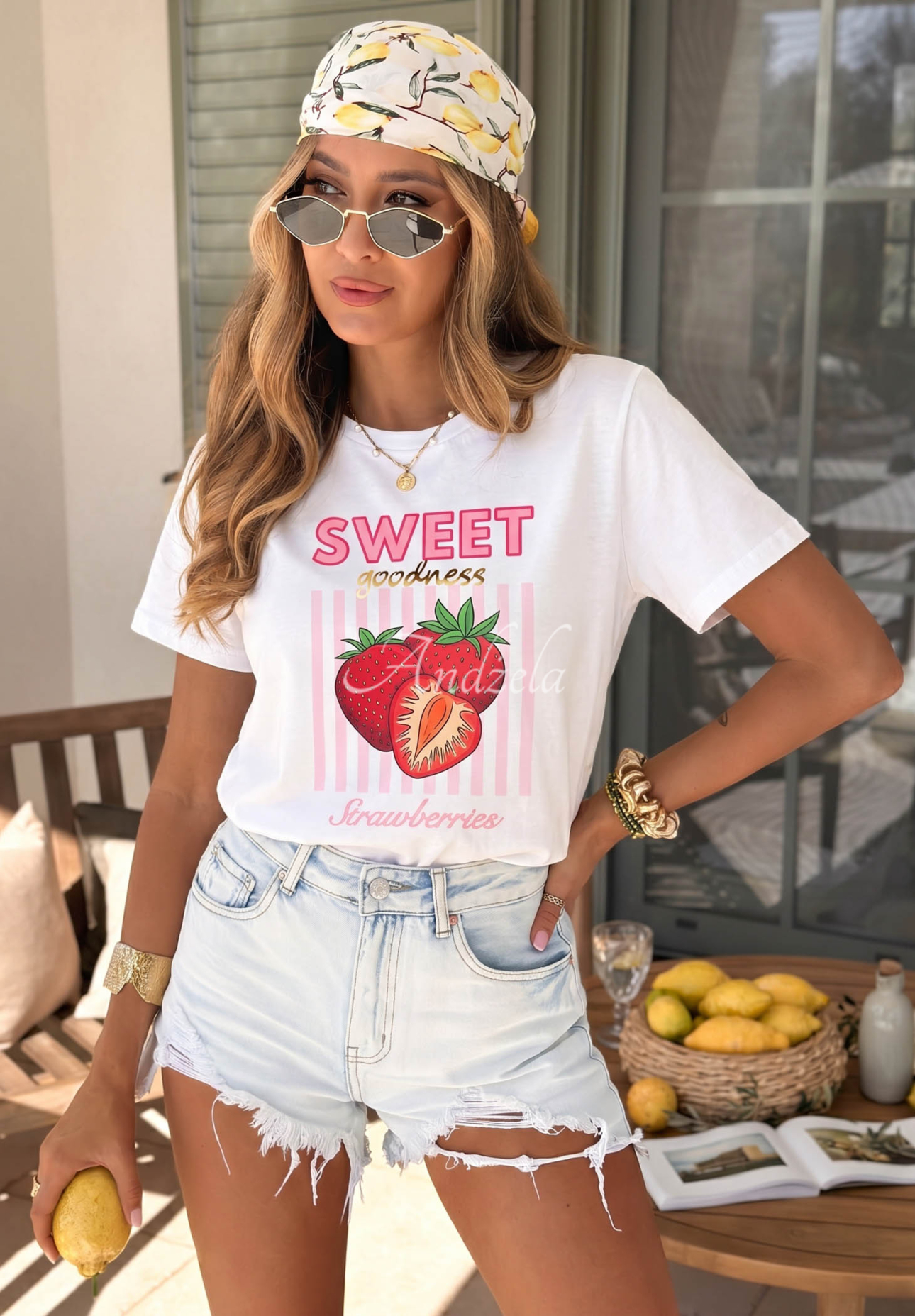 Baumwoll-T-Shirt mit Aufdruck Sweet Goodness weiß-Rosa
