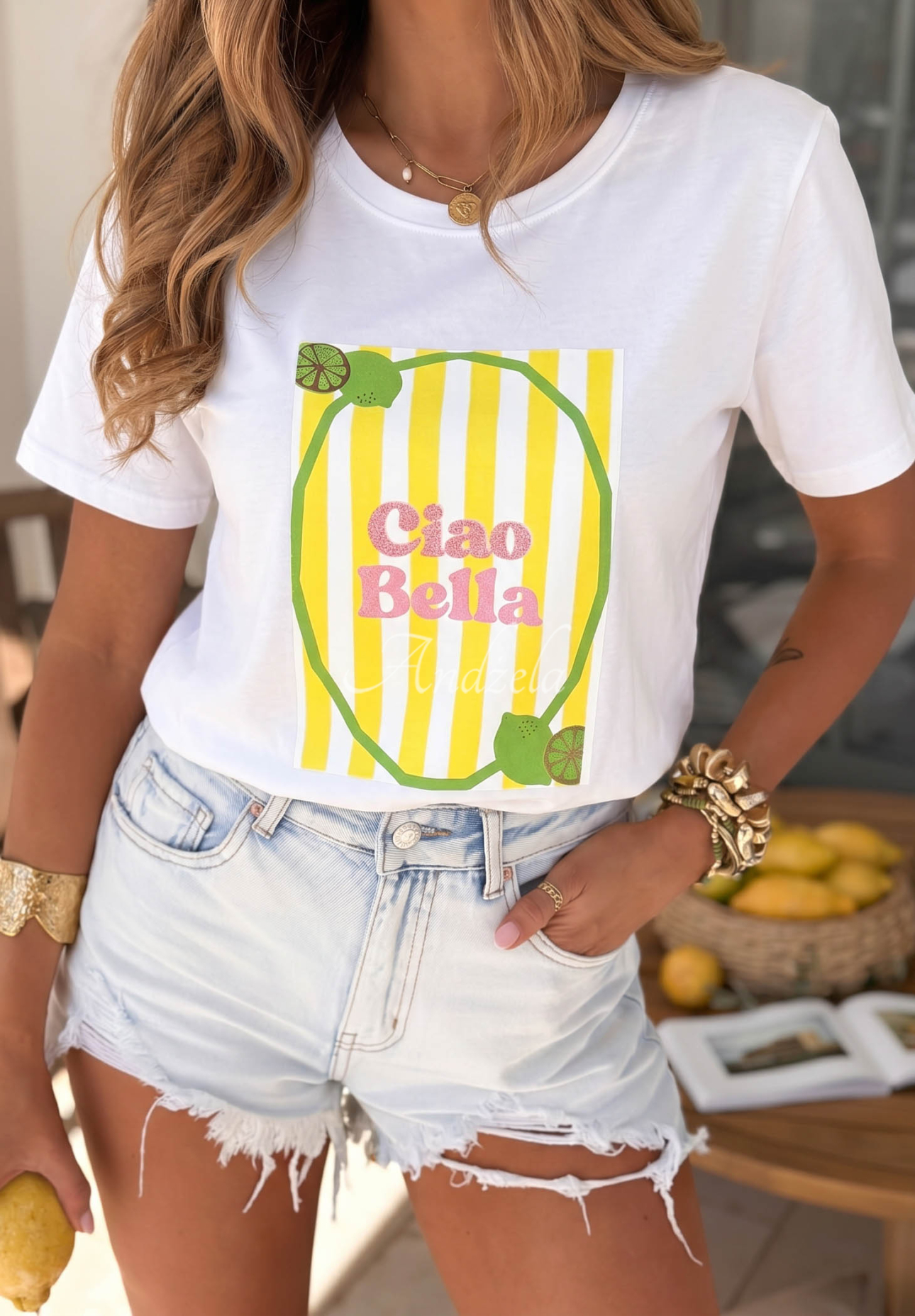 Baumwoll-T-Shirt mit Aufdruck Ciao Bella weiß-Gelb