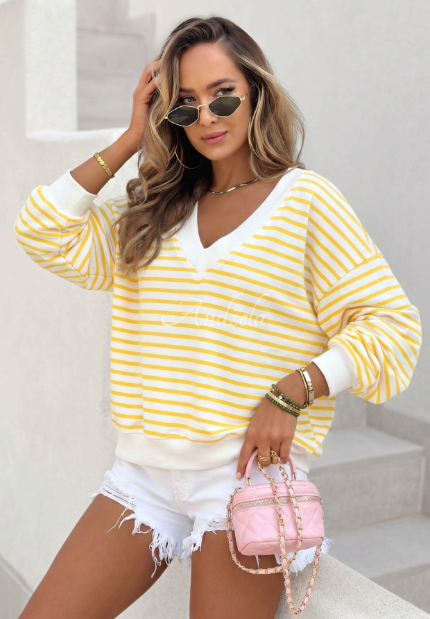 Asymmetrisch gestreiftes Baumwoll-Sweatshirt Naomi wei&szlig;-Gelb