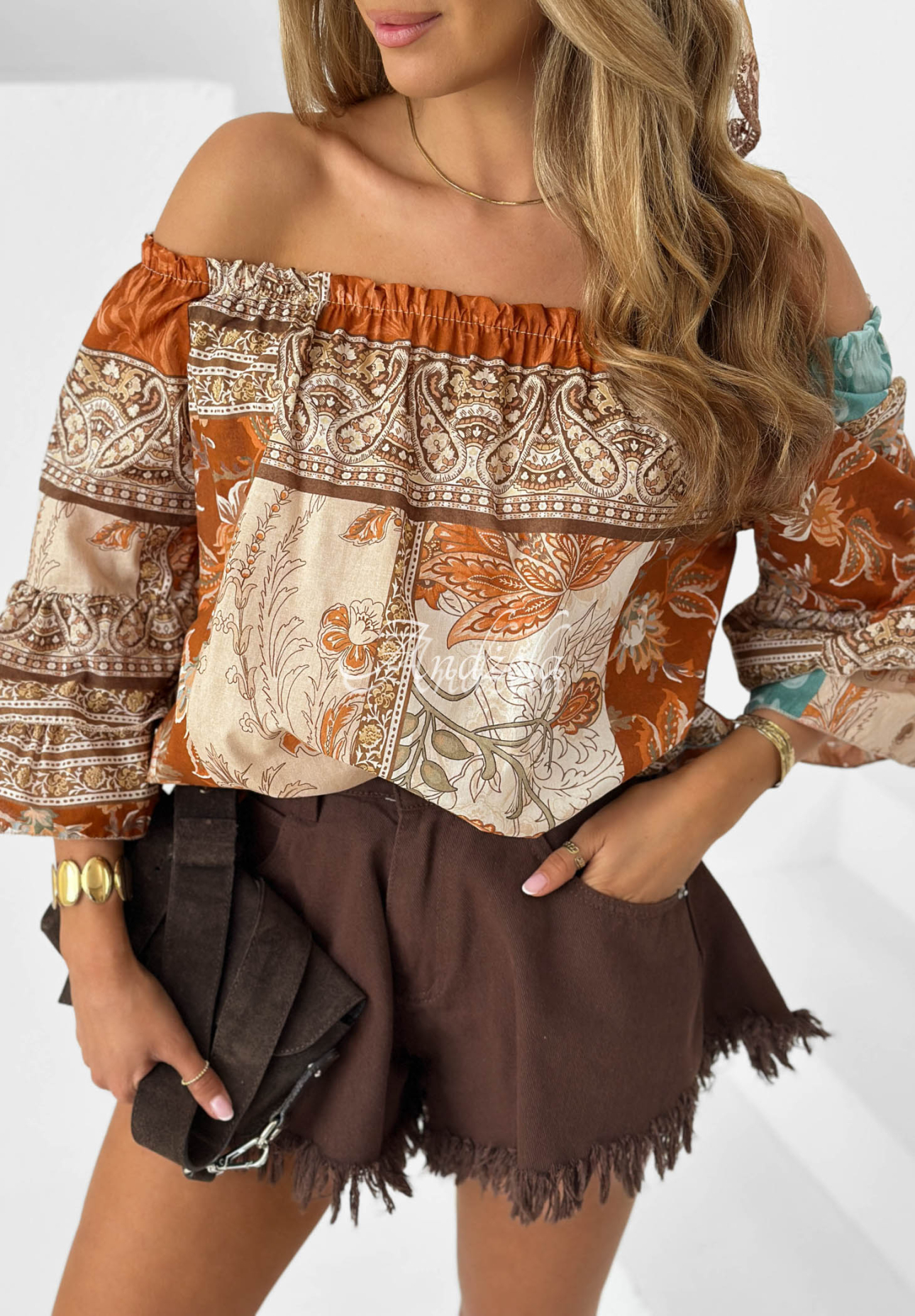 Off-Shoulder-Bluse aus Baumwolle mit Rüschen und Mustern Mia Cara Camel