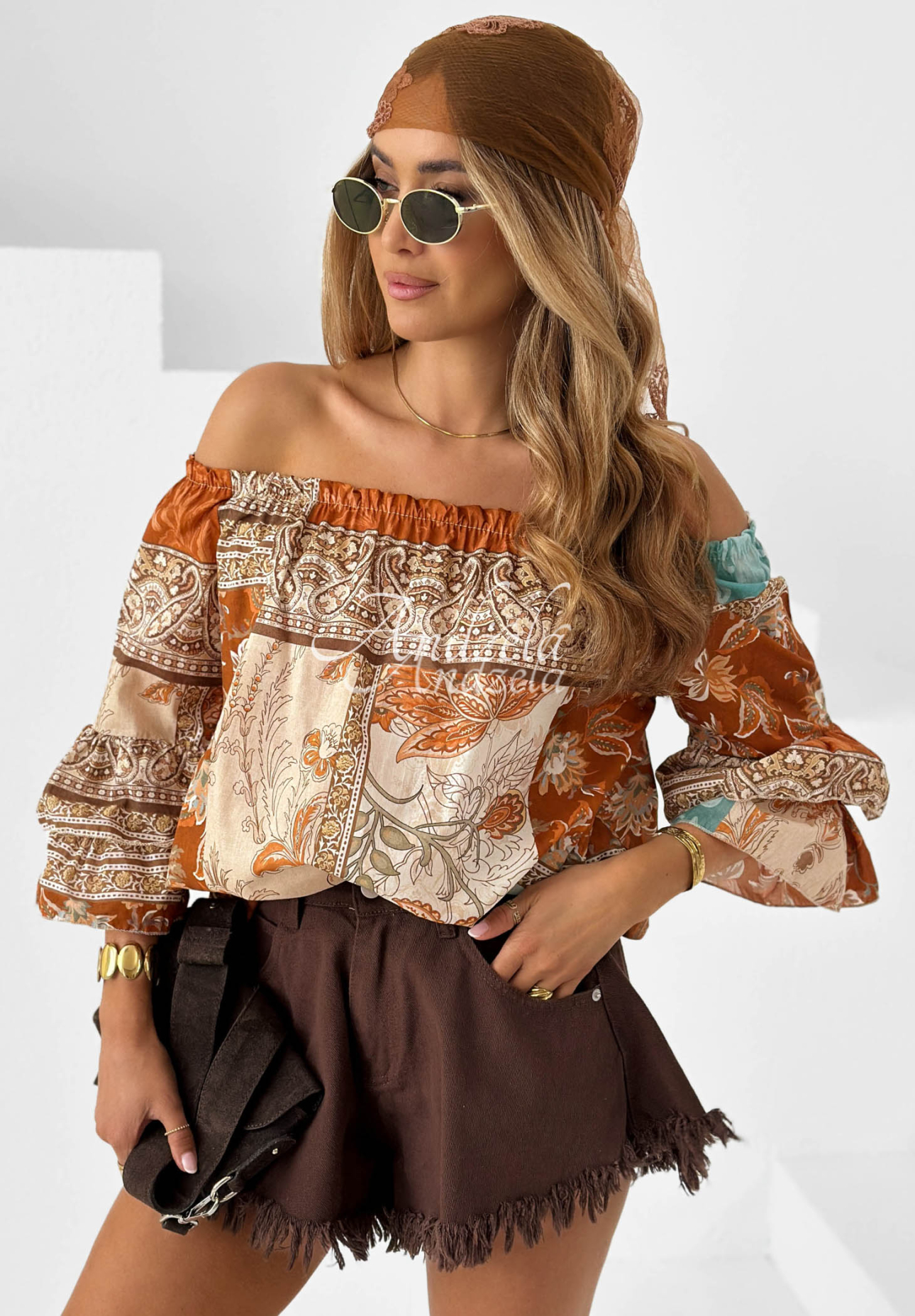 Off-Shoulder-Bluse aus Baumwolle mit Rüschen und Mustern Mia Cara Camel